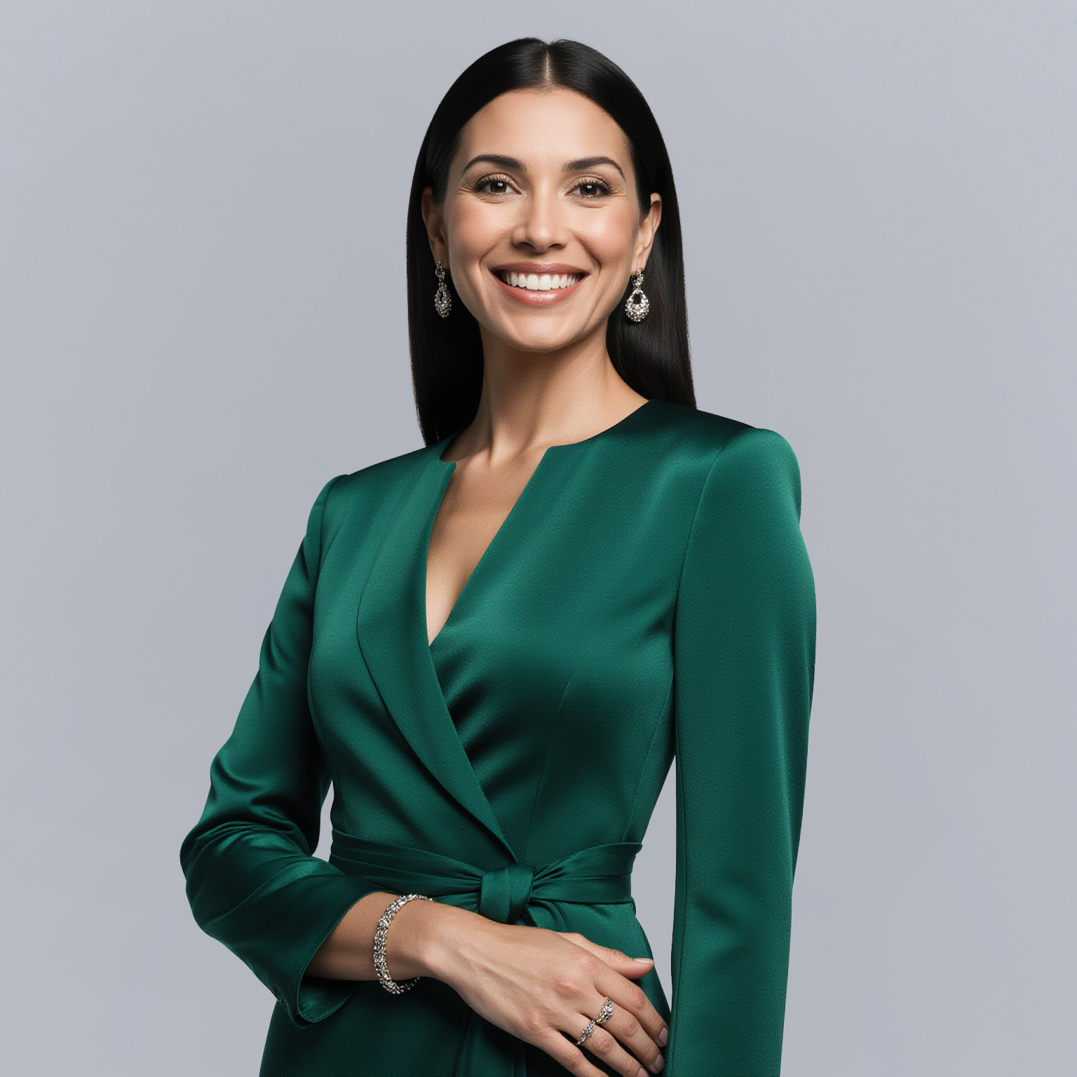 Woman wearing elegant emerald green dress near Bal Harbour dry cleaner