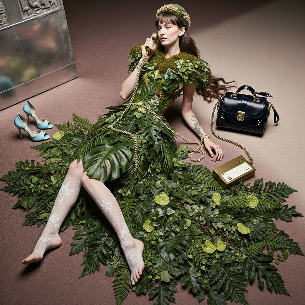 Avant-garde eco fashion dress made from leaves and natural foliage
