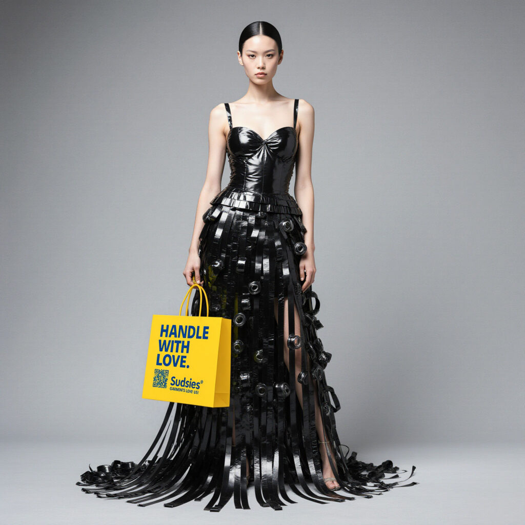 Avant-garde black couture gown with Sudsies garment care bag