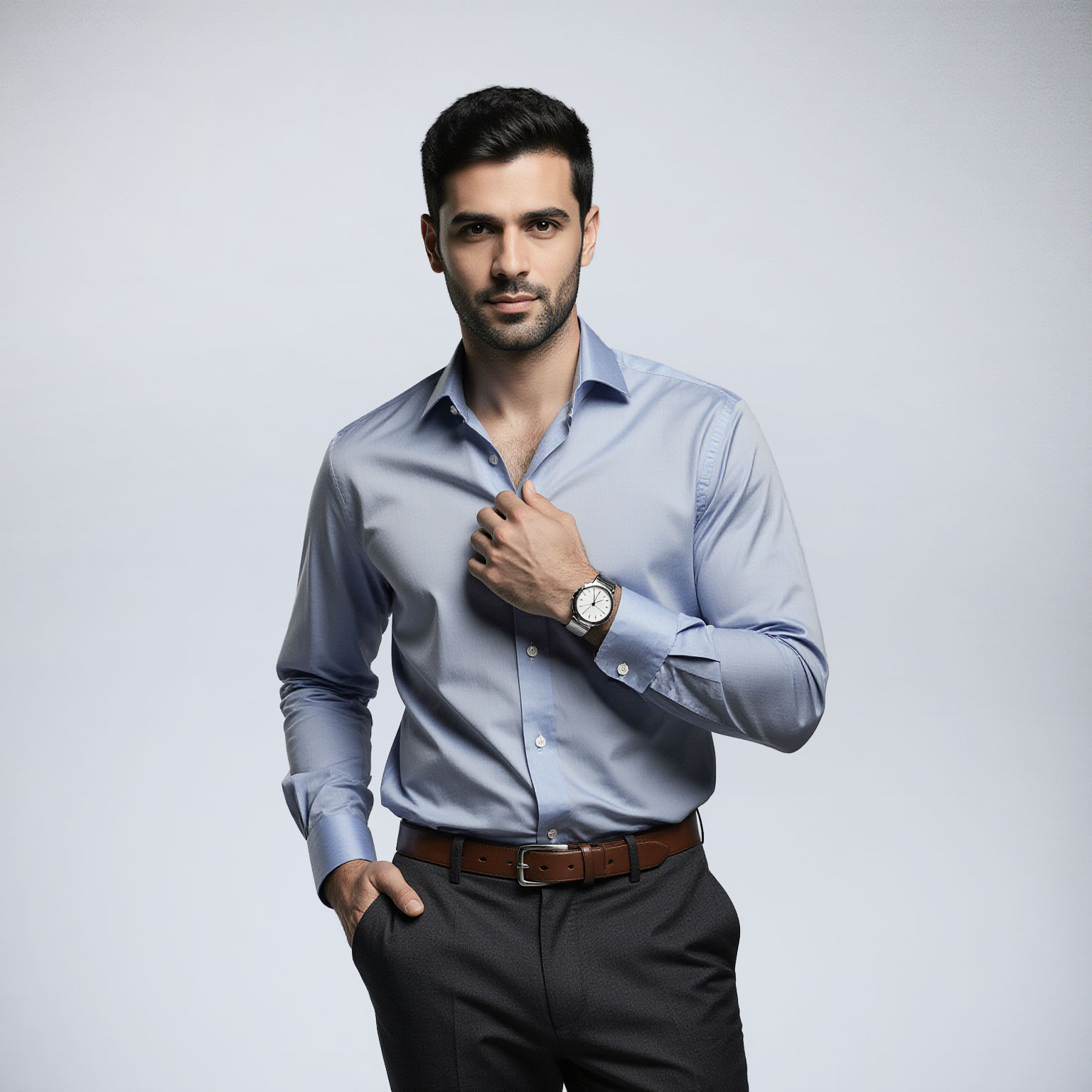 Man wearing light blue dress shirt and tailored trousers near Brickell dry cleaner