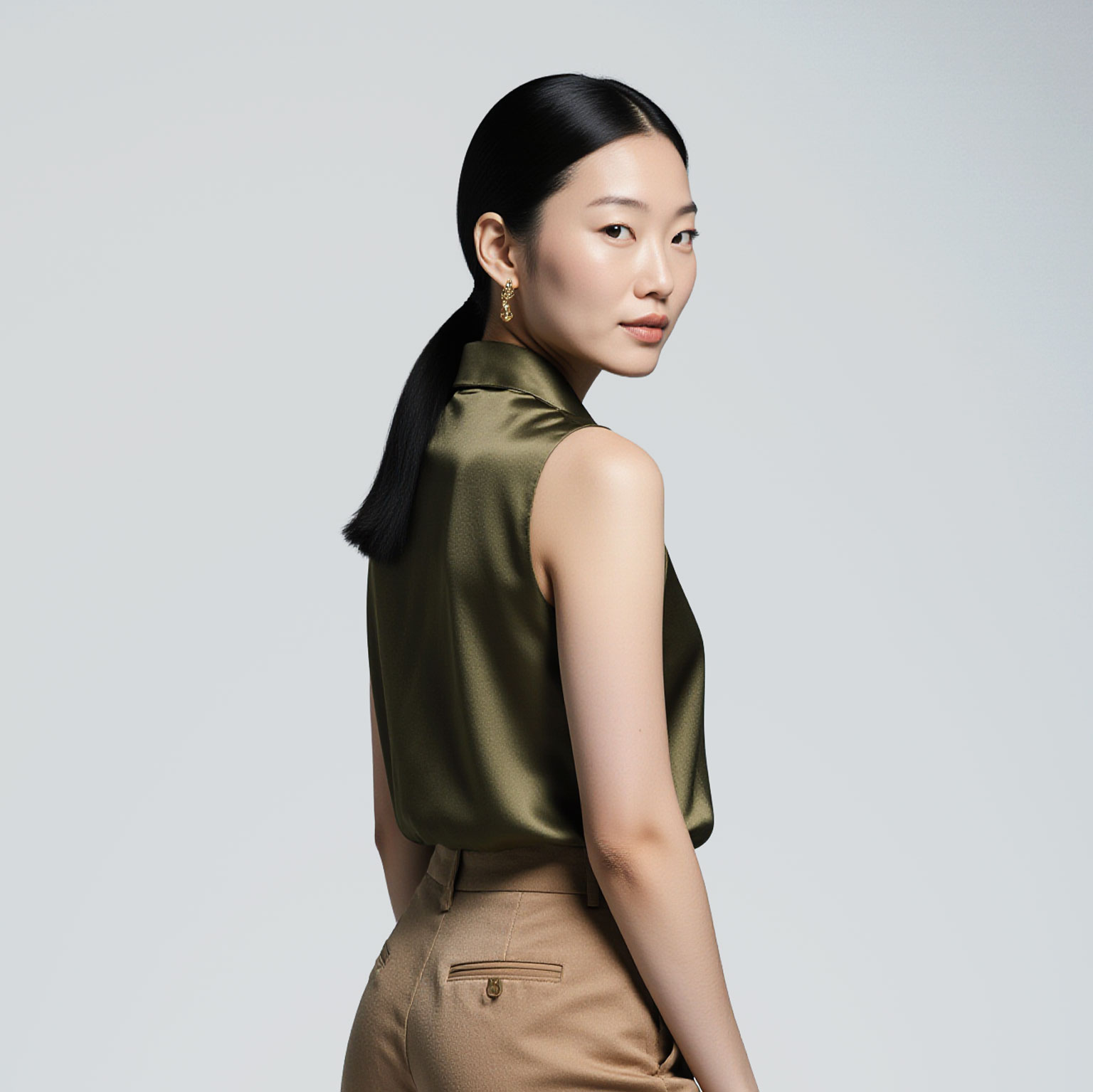 Woman wearing olive sleeveless blouse and tailored trousers near Coral Gables dry cleaner
