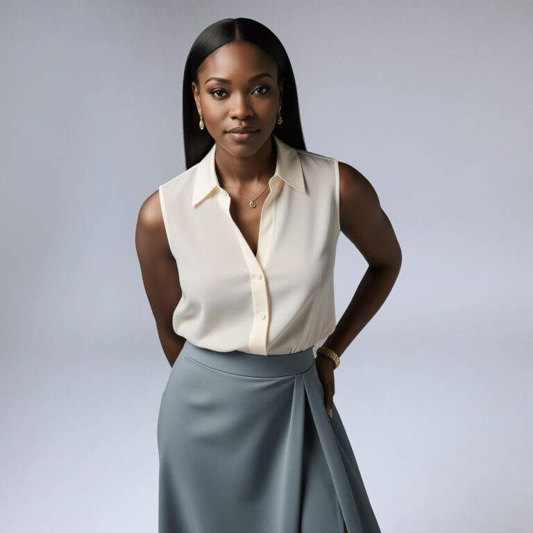 Woman wearing sleeveless cream blouse and skirt near Downtown Miami dry cleaner