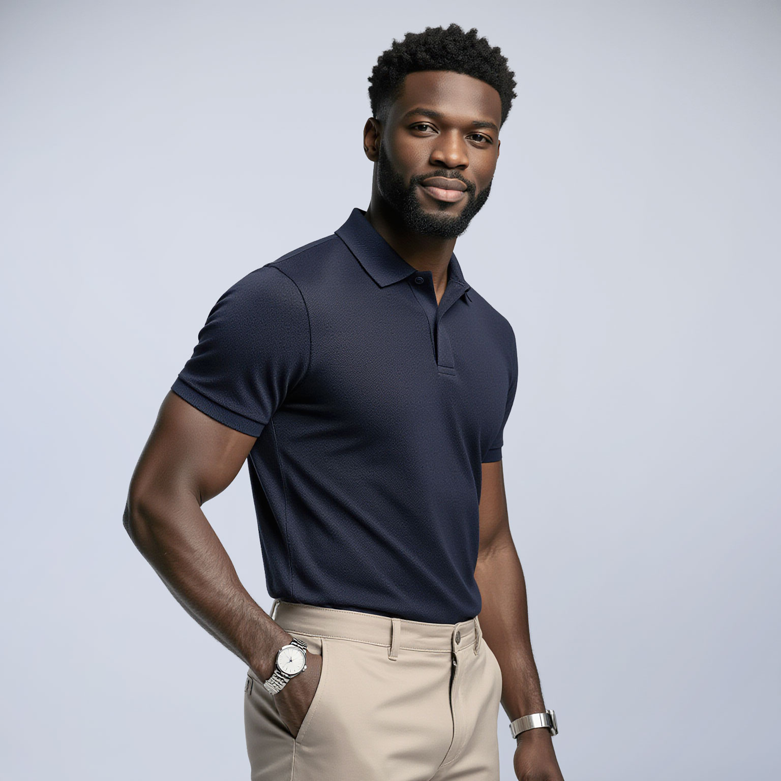 Man wearing navy polo and tailored trousers near Edgewater Miami dry cleaner