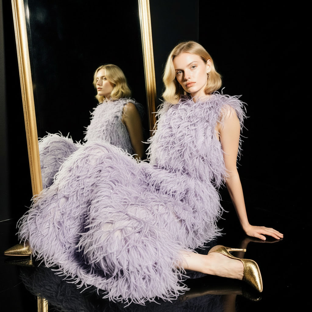 Model wearing lavender feather couture gown in fashion editorial