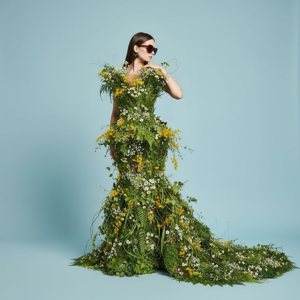 Avant-garde floral couture gown made from greenery and wildflowers