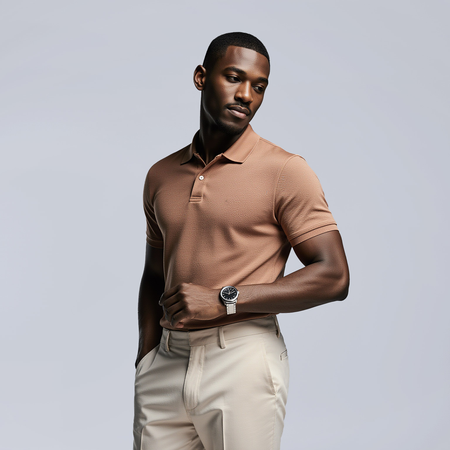 Man wearing tan polo and light trousers near Hollywood dry cleaner