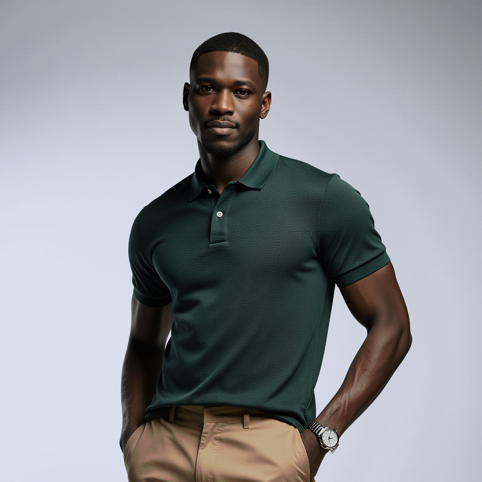 Man wearing dark green polo and tan trousers near Key Biscayne dry cleaner