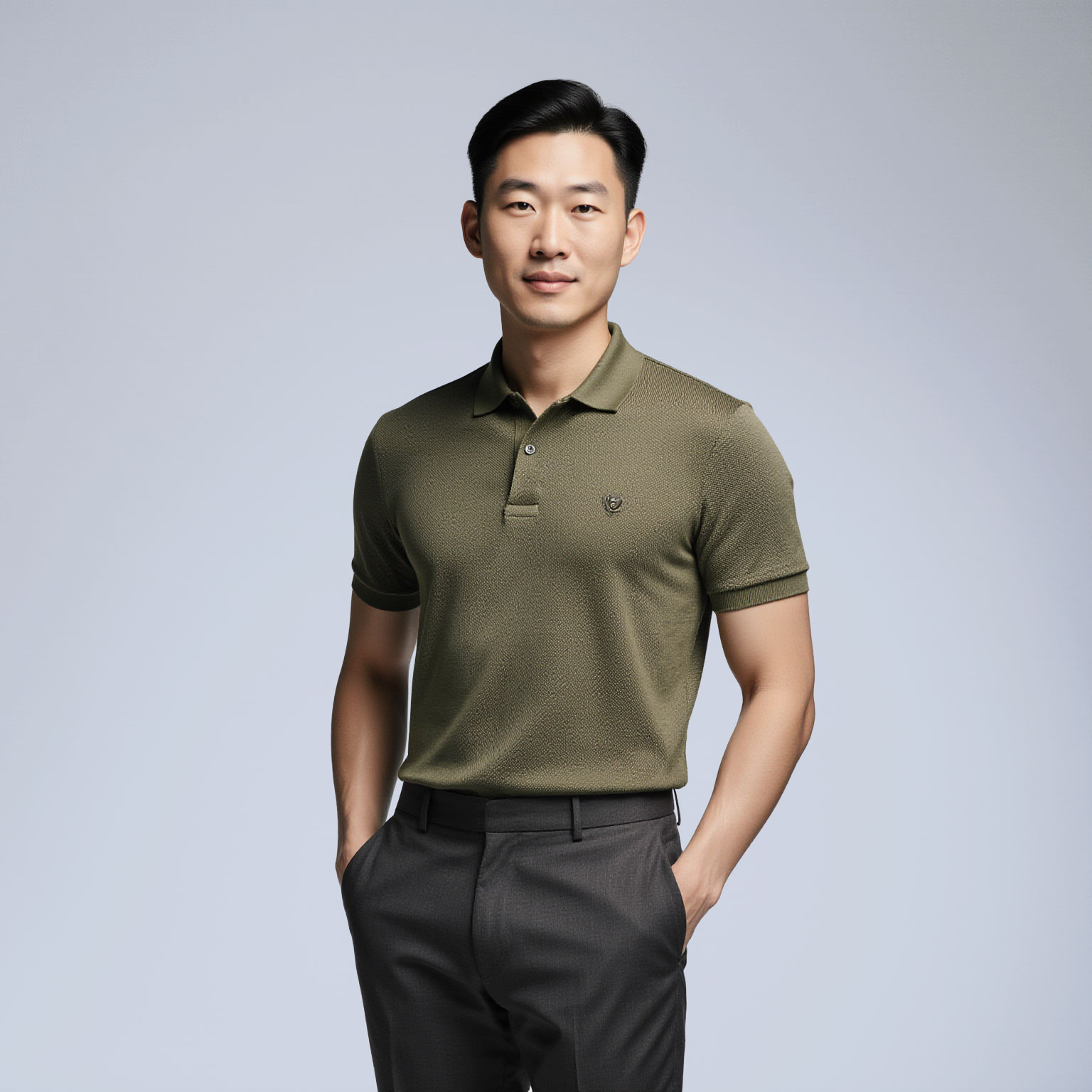 Man wearing olive polo and tailored trousers near Las Olas dry cleaner Title: