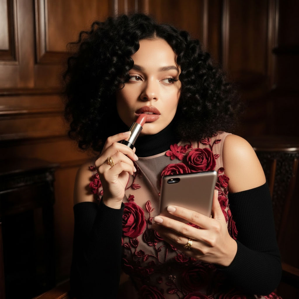 Woman wearing red rose embellished couture dress checking her phone
