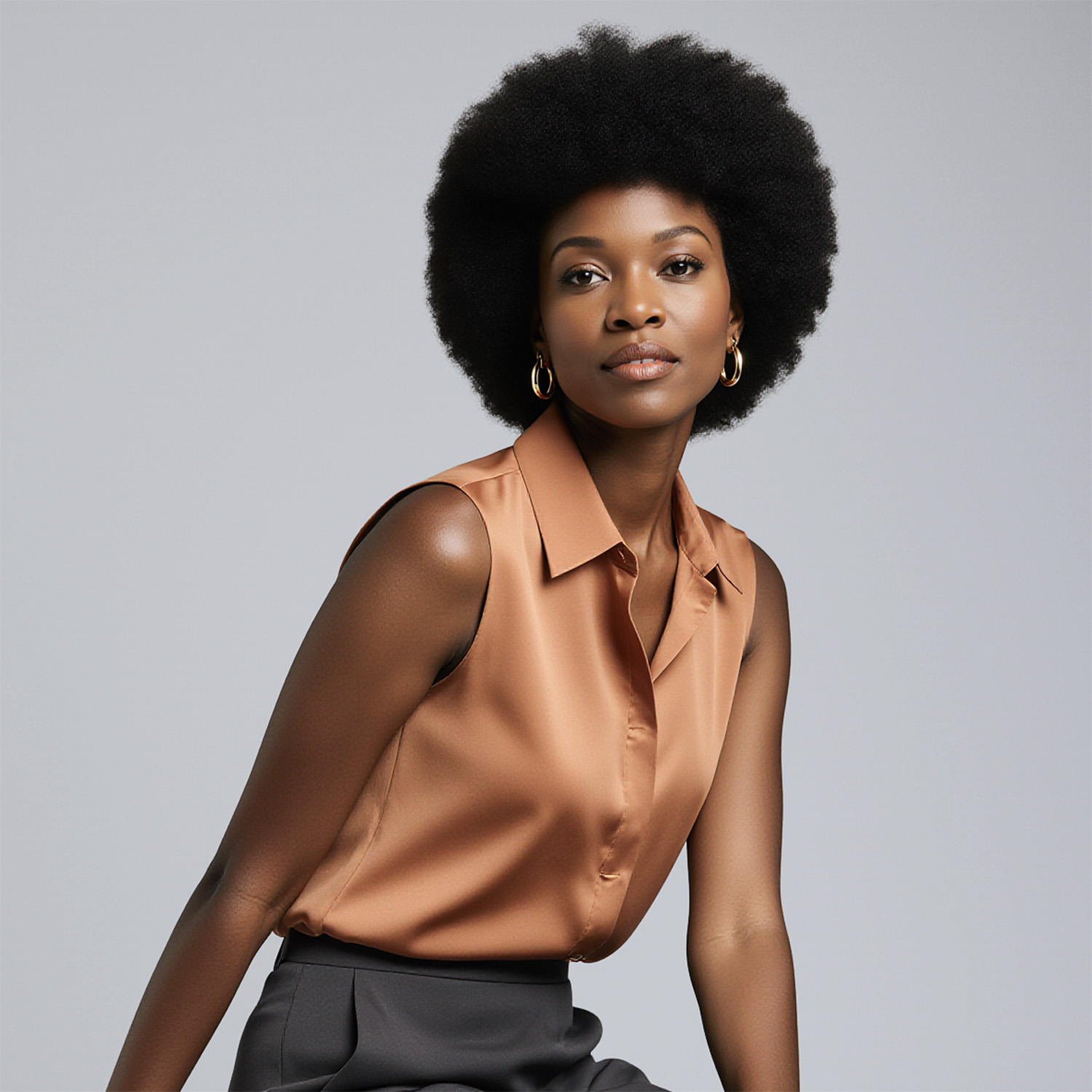 Woman wearing copper sleeveless blouse and tailored skirt near Seven Isles dry cleaner